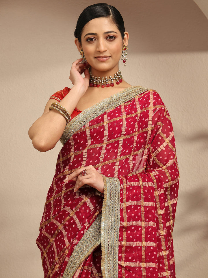 Libas Maroon Bandhani Printed Silk Blend Saree With Unstitched Blouse Piece