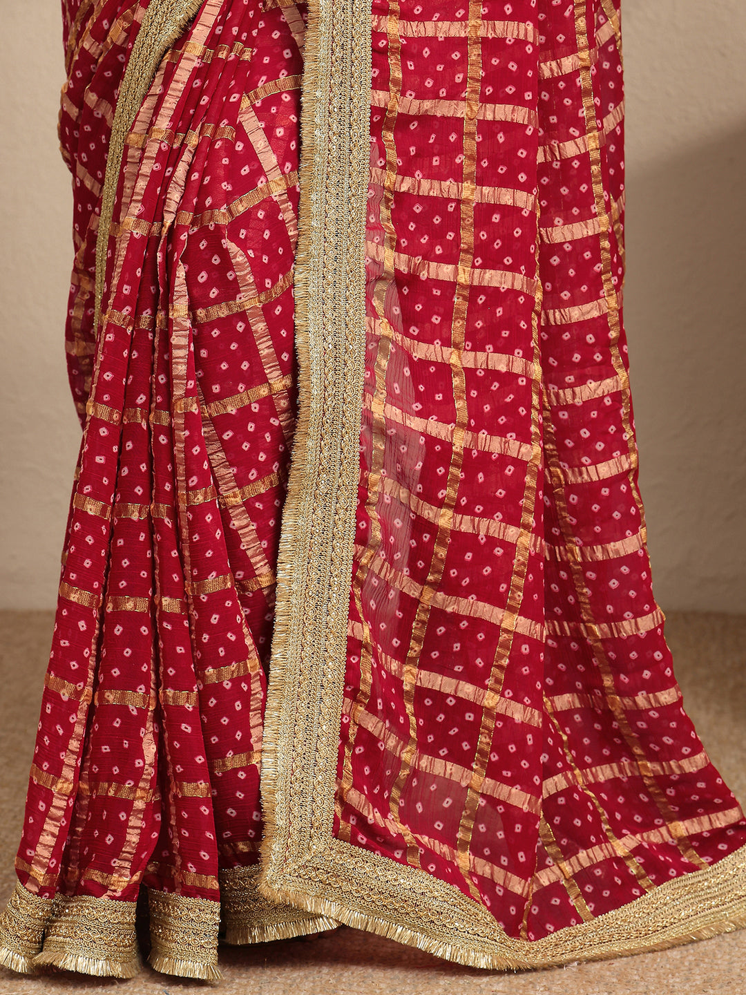 Libas Maroon Bandhani Printed Silk Blend Saree With Unstitched Blouse Piece