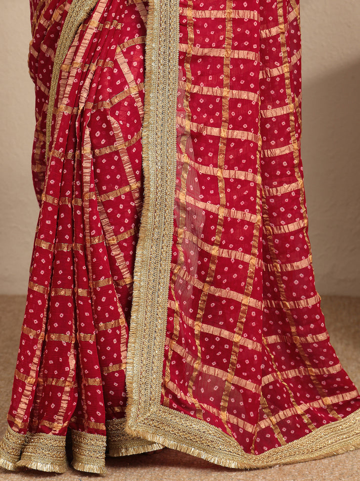 Libas Maroon Bandhani Printed Silk Blend Saree With Unstitched Blouse Piece