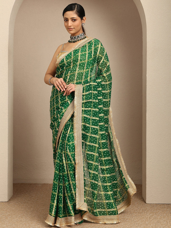 Green Bandhani Printed Silk Blend Saree With Unstitched Blouse Piece