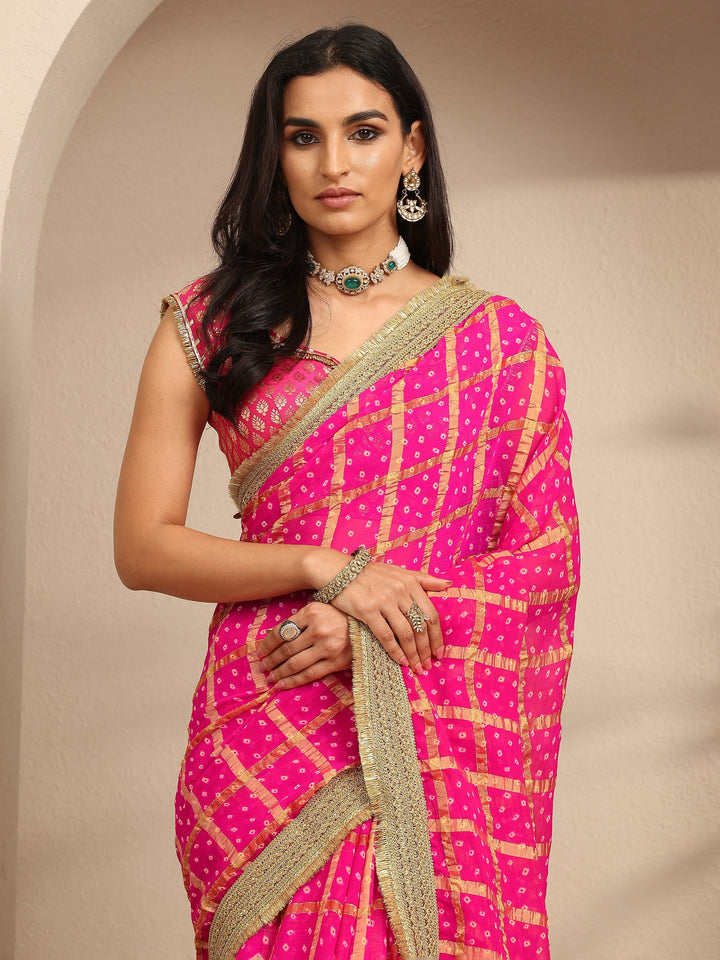 Pink Bandhani Printed Silk Blend Saree With Unstitched Blouse Piece