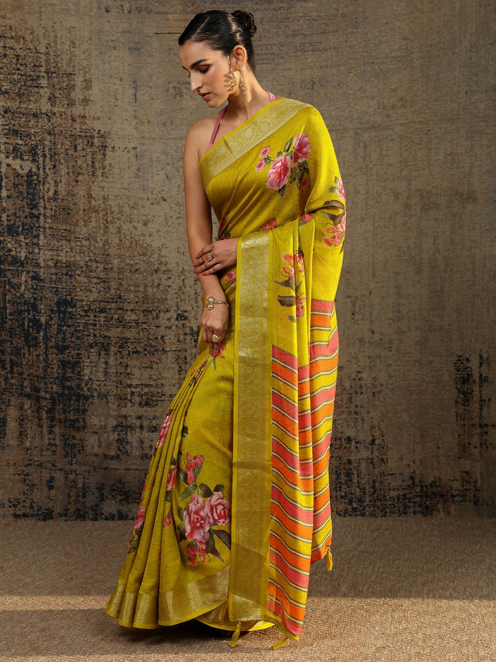 Green Printed Silk Blend Saree With Unstitched Blouse Piece
