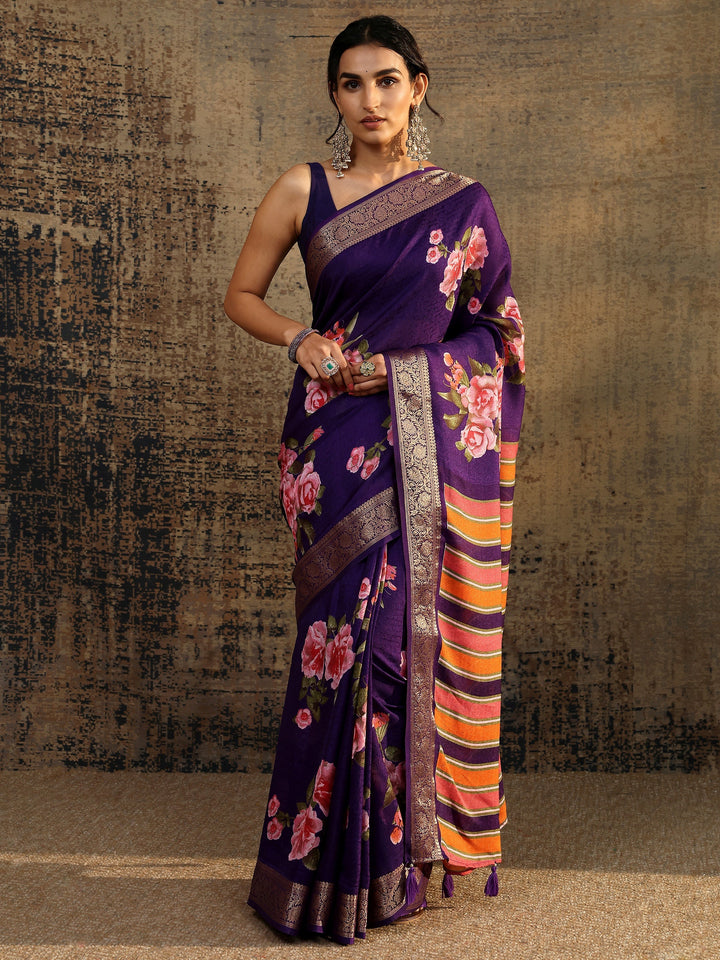 Purple Printed Silk Blend Saree With Unstitched Blouse Piece
