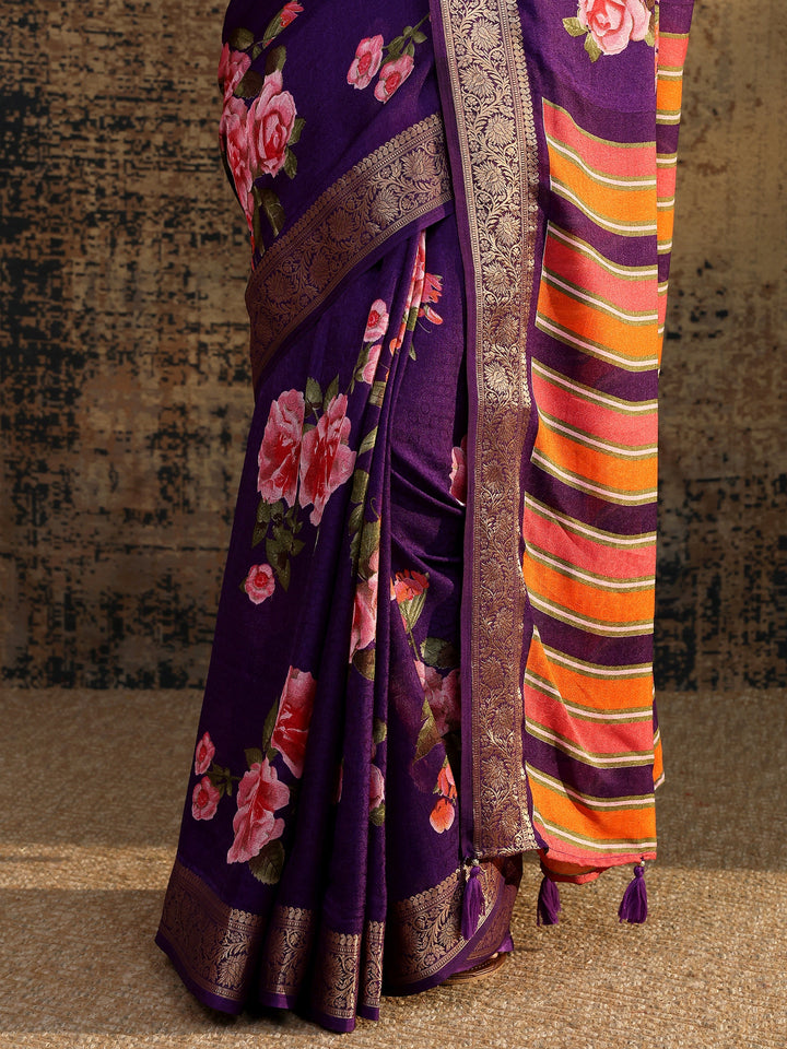 Purple Printed Silk Blend Saree With Unstitched Blouse Piece