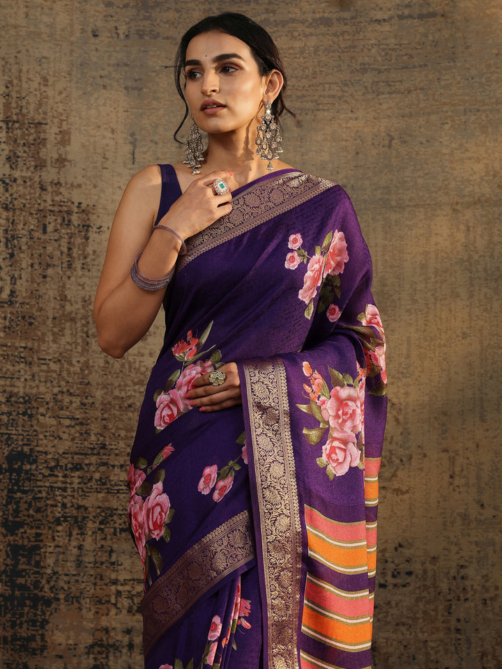 Purple Printed Silk Blend Saree With Unstitched Blouse Piece