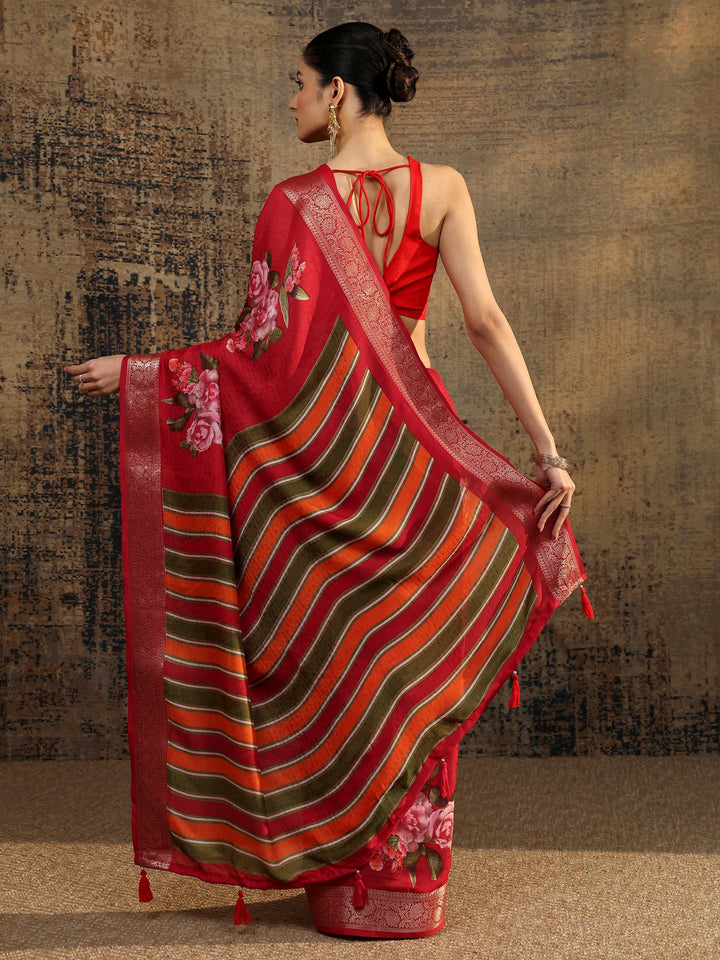 Red Printed Silk Blend Saree With Unstitched Blouse Piece