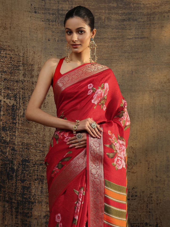 Red Printed Silk Blend Saree With Unstitched Blouse Piece