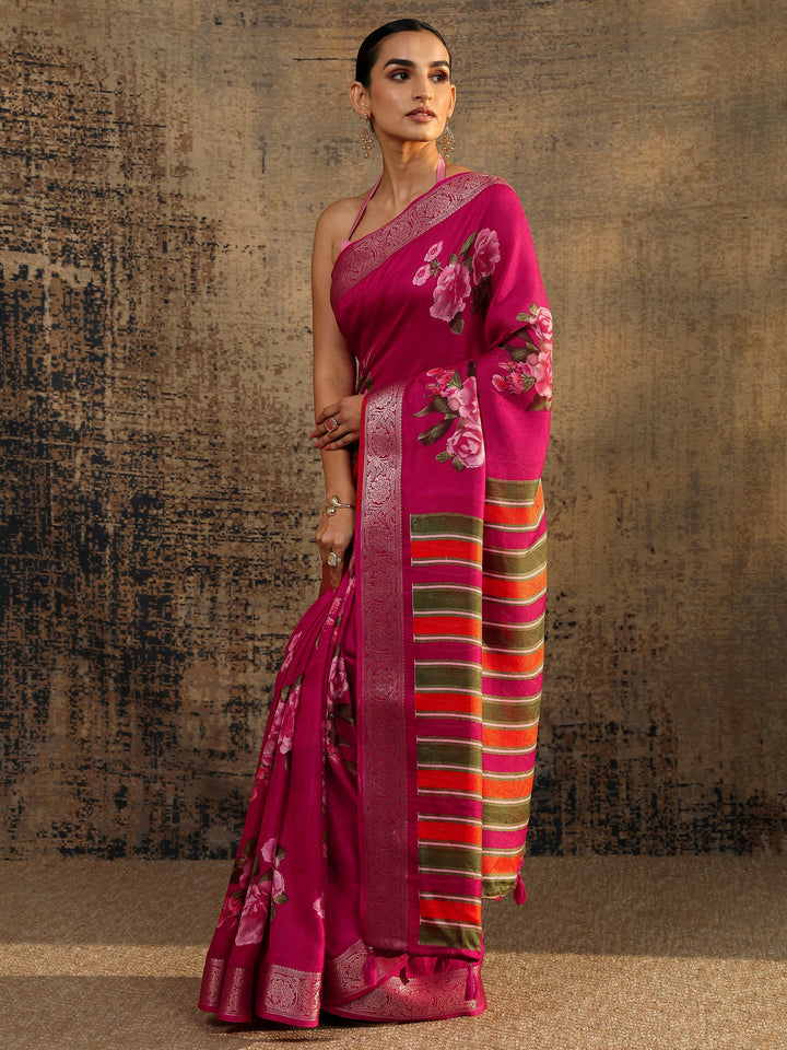 Pink Printed Silk Blend Saree With Unstitched Blouse Piece
