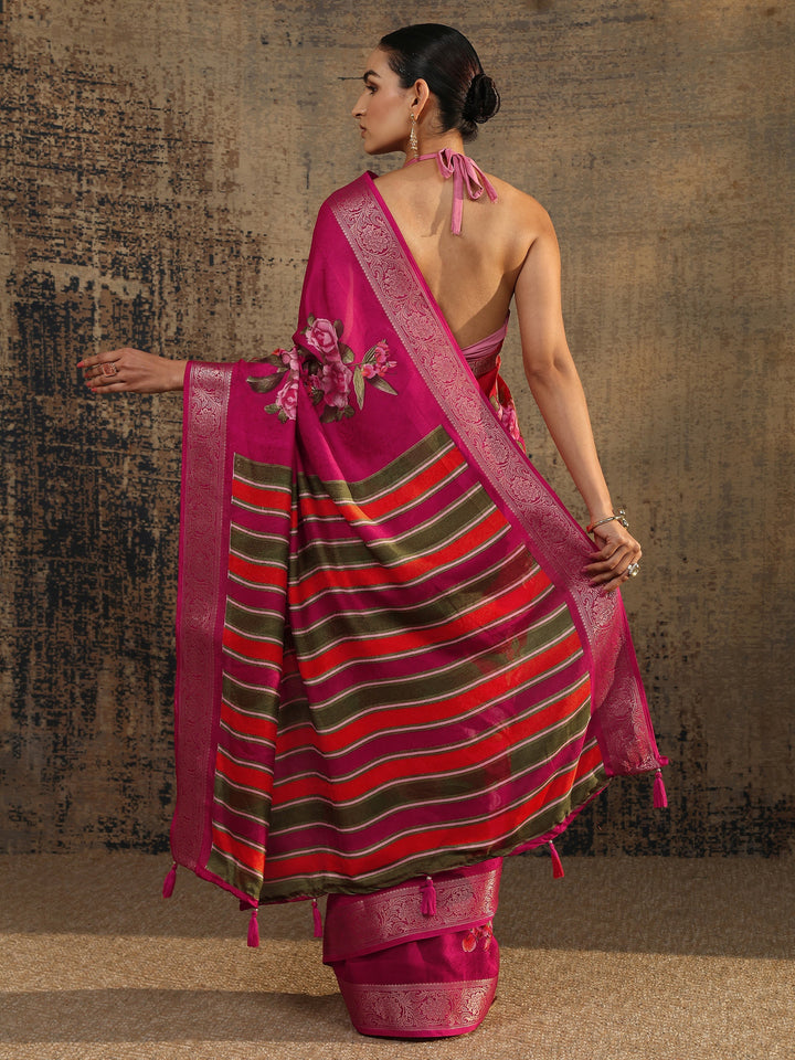 Pink Printed Silk Blend Saree With Unstitched Blouse Piece