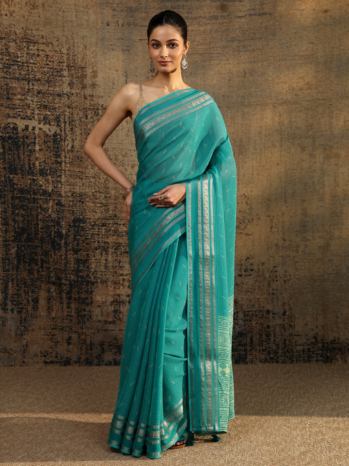 Blue Embellished Silk Blend Saree With Unstitched Blouse Piece