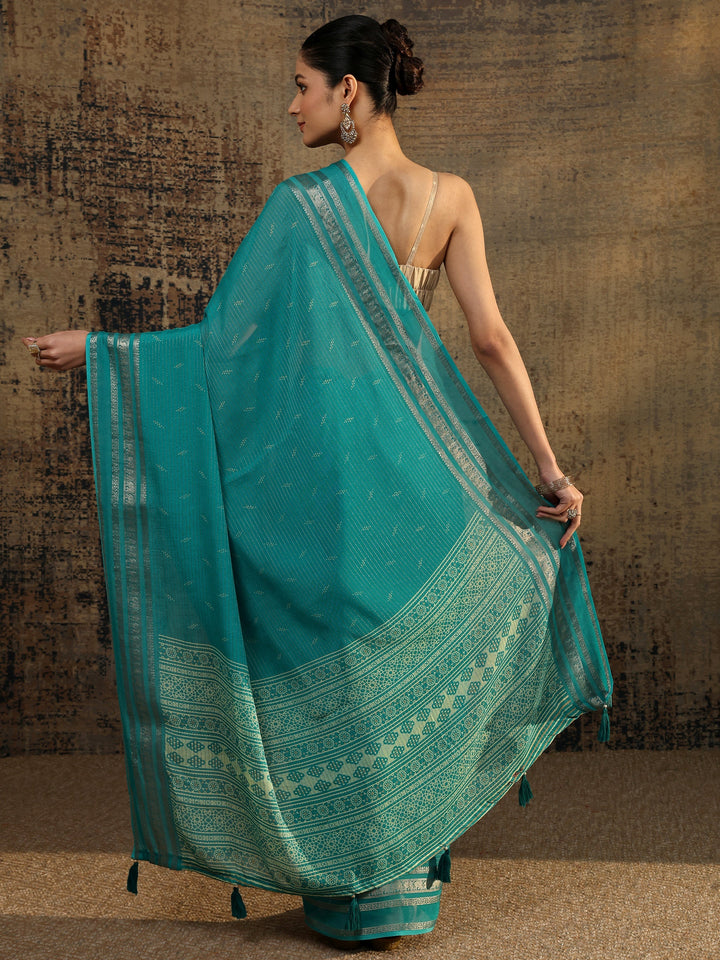 Blue Embellished Silk Blend Saree With Unstitched Blouse Piece