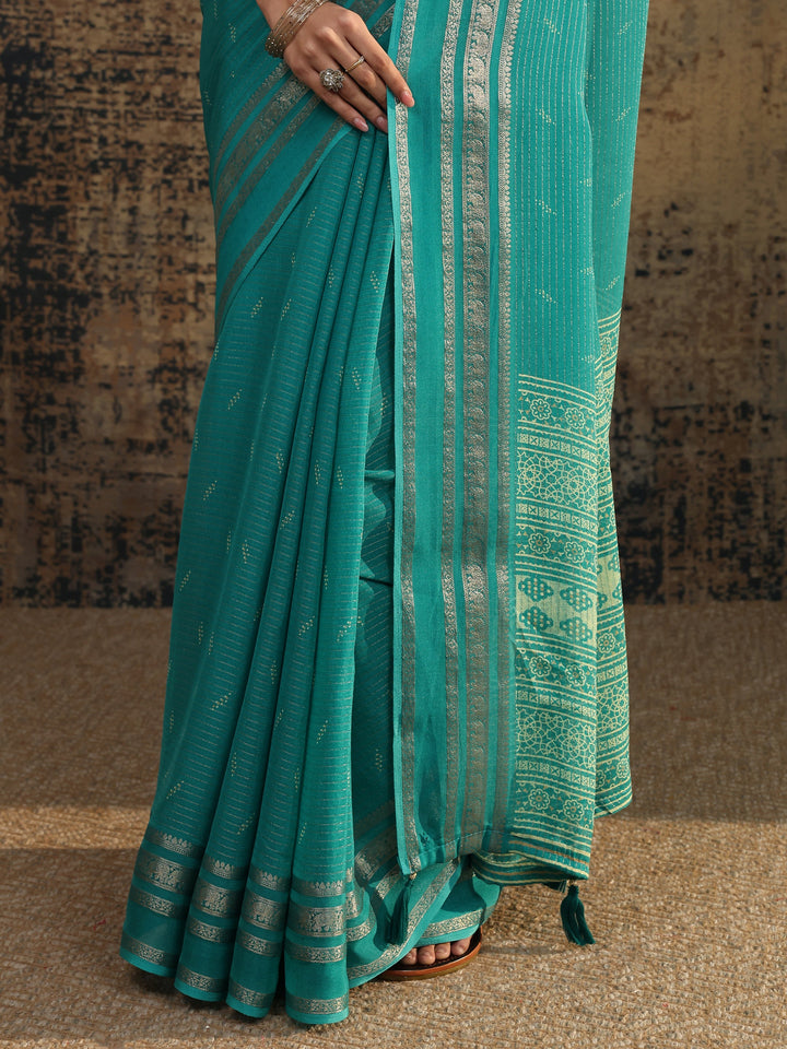 Blue Embellished Silk Blend Saree With Unstitched Blouse Piece