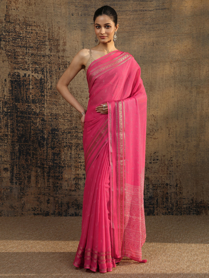 Pink Embellished Silk Blend Saree With Unstitched Blouse Piece