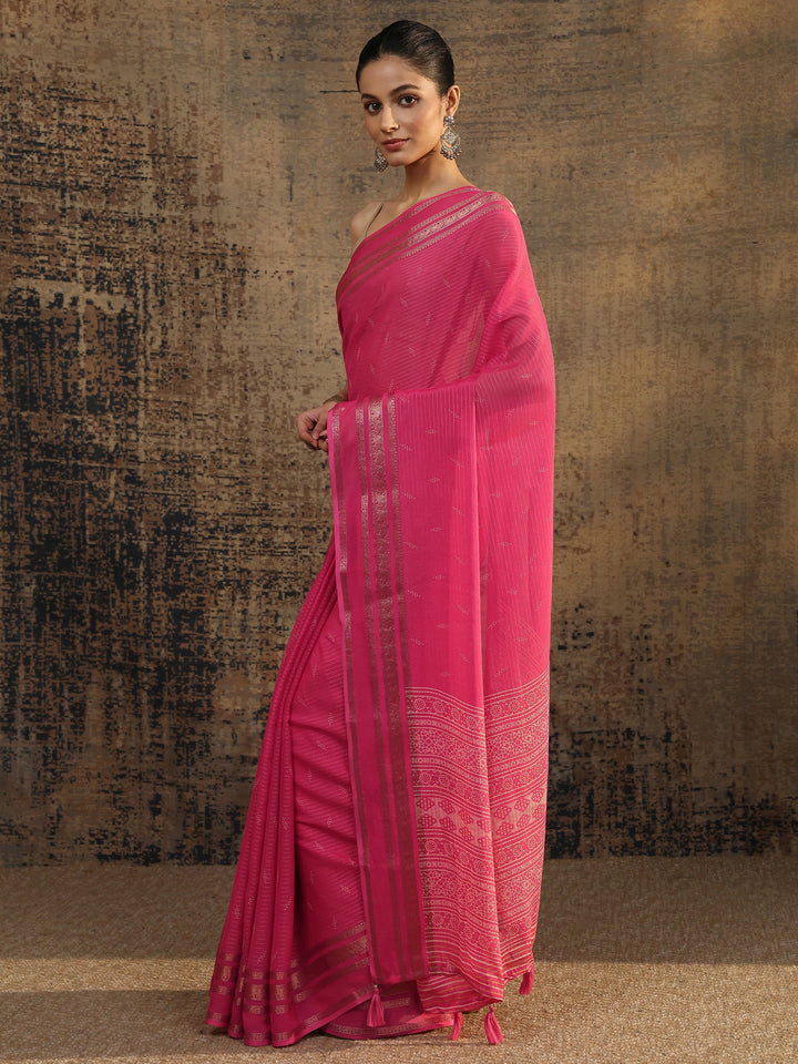 Pink Embellished Silk Blend Saree With Unstitched Blouse Piece