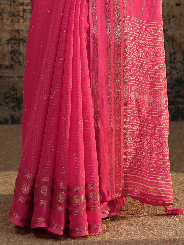 Pink Embellished Silk Blend Saree With Unstitched Blouse Piece