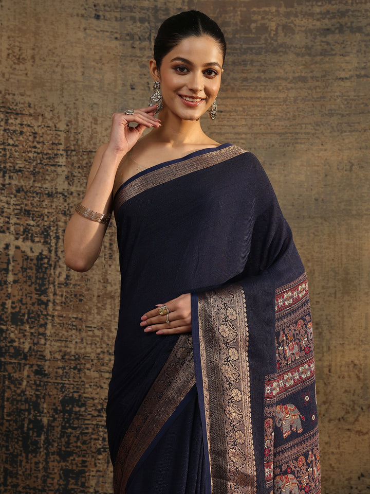 Blue Solid Silk Blend Saree With Unstitched Blouse Piece