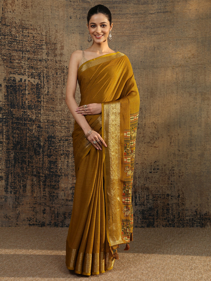 Mustard Solid Silk Blend Saree With Unstitched Blouse Piece