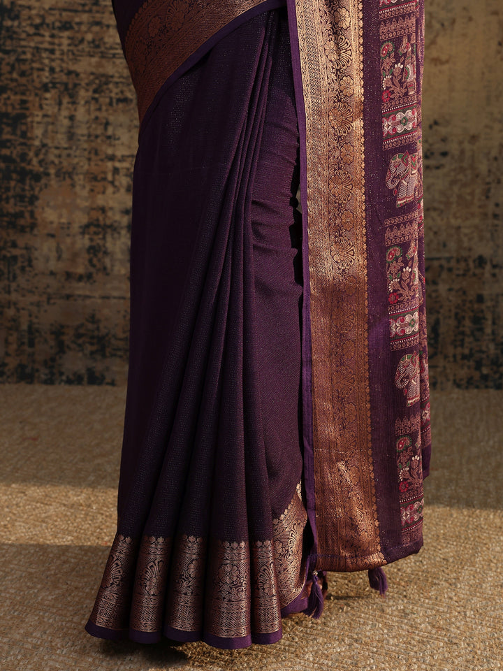Purple Solid Silk Blend Saree With Unstitched Blouse Piece