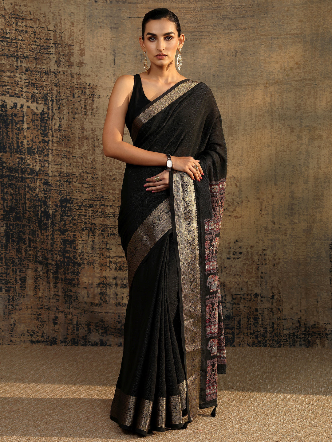 Black Solid Silk Blend Saree With Unstitched Blouse Piece