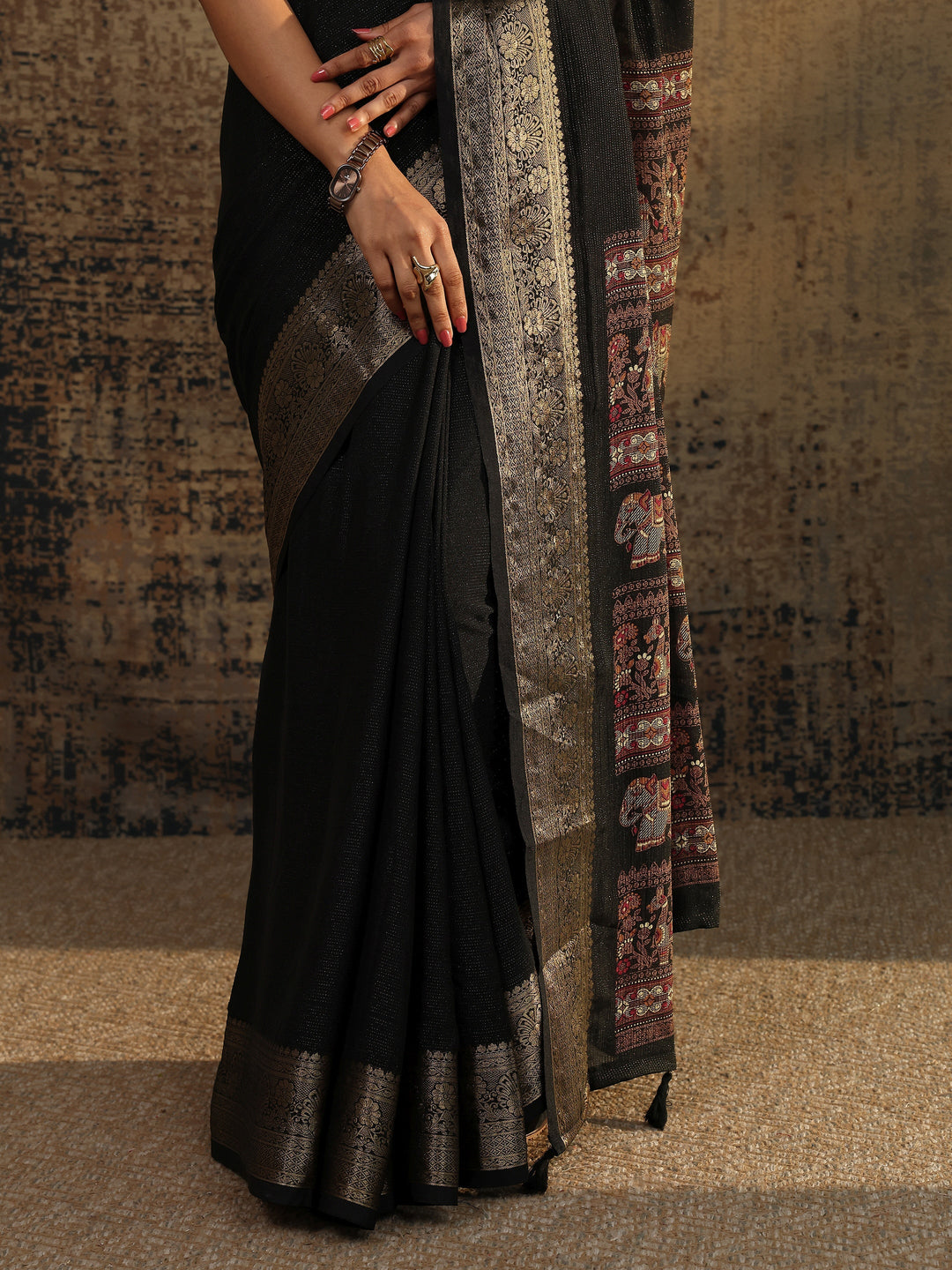 Black Solid Silk Blend Saree With Unstitched Blouse Piece