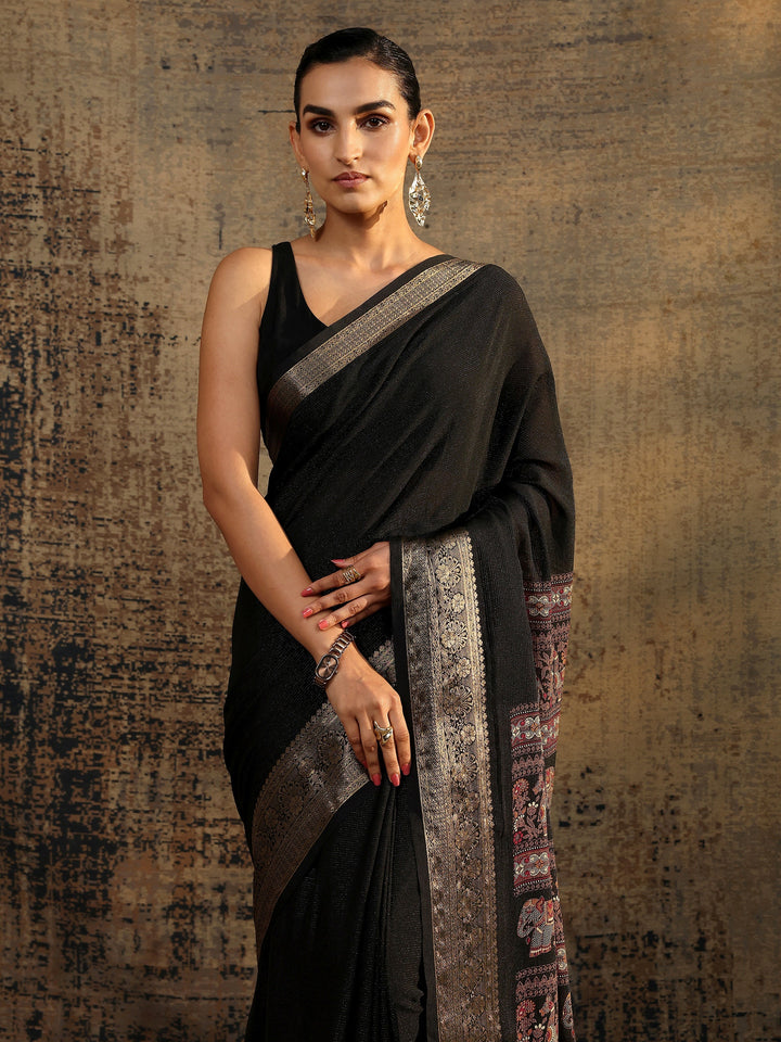 Black Solid Silk Blend Saree With Unstitched Blouse Piece