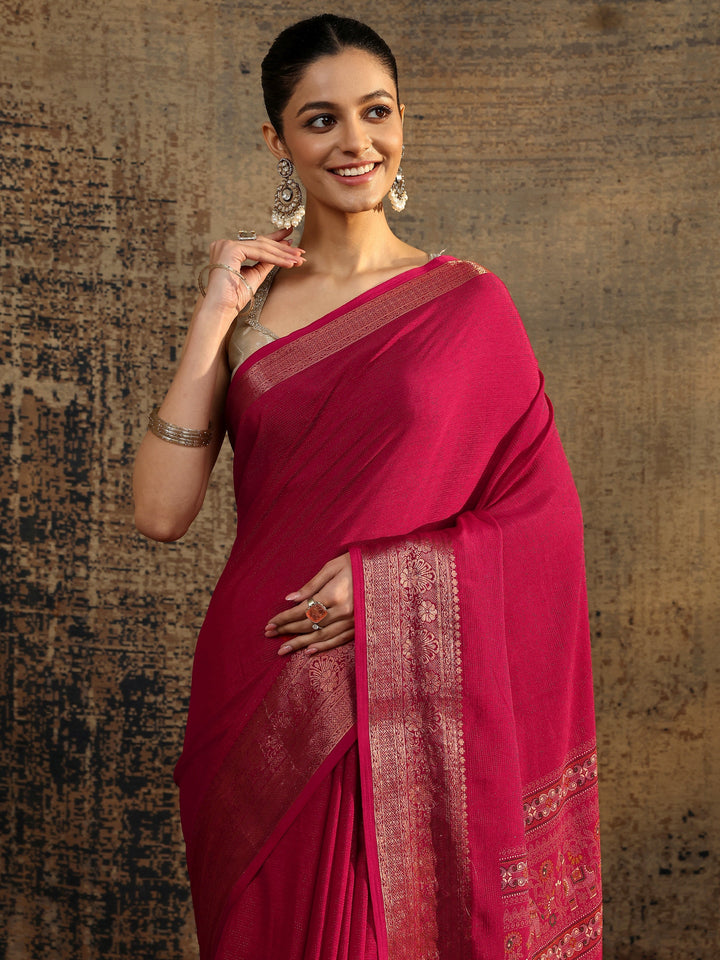 Red Solid Silk Blend Saree With Unstitched Blouse Piece