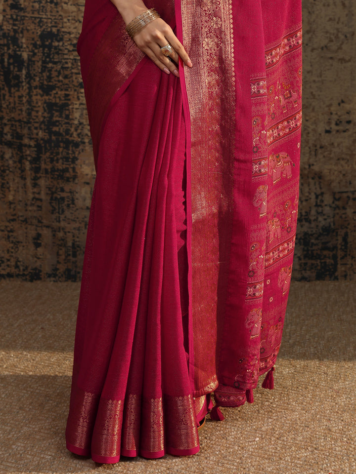 Red Solid Silk Blend Saree With Unstitched Blouse Piece