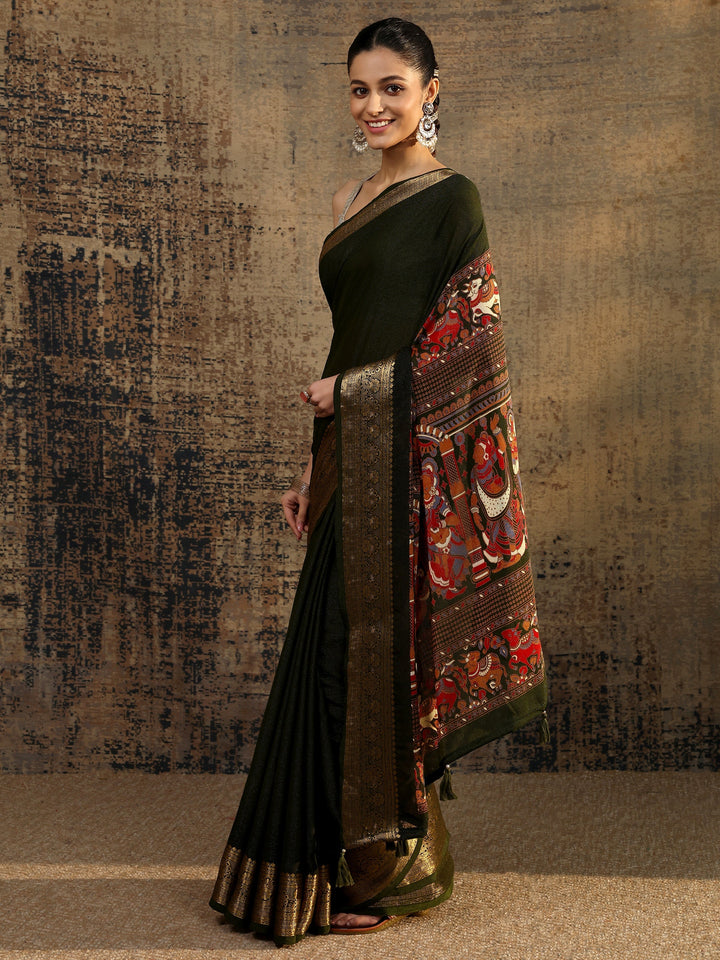 Green Solid Silk Blend Saree With Unstitched Blouse Piece