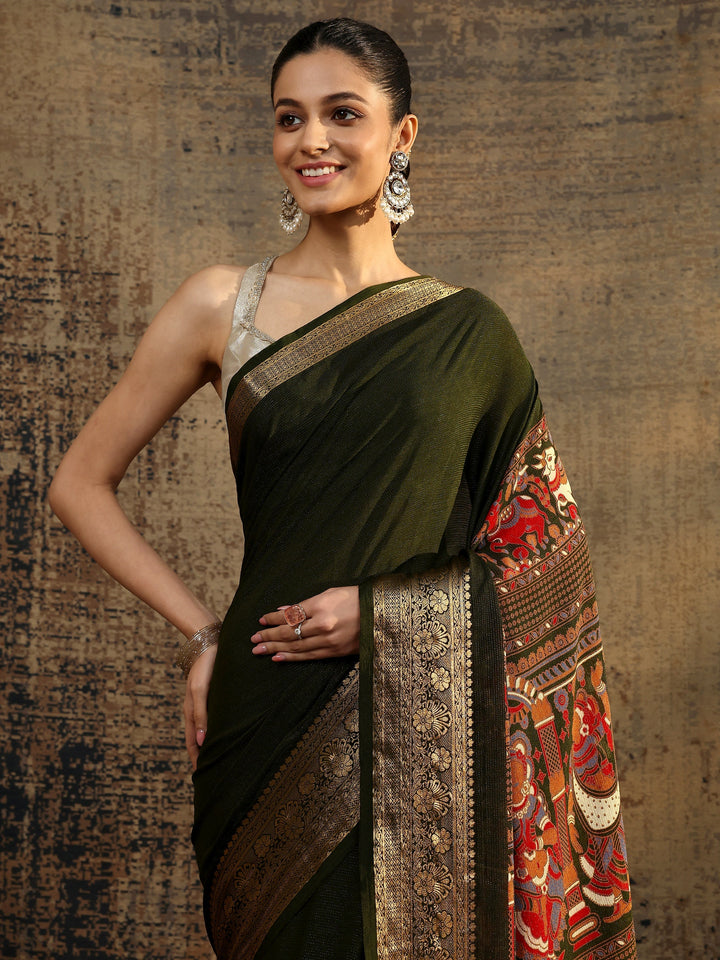 Green Solid Silk Blend Saree With Unstitched Blouse Piece