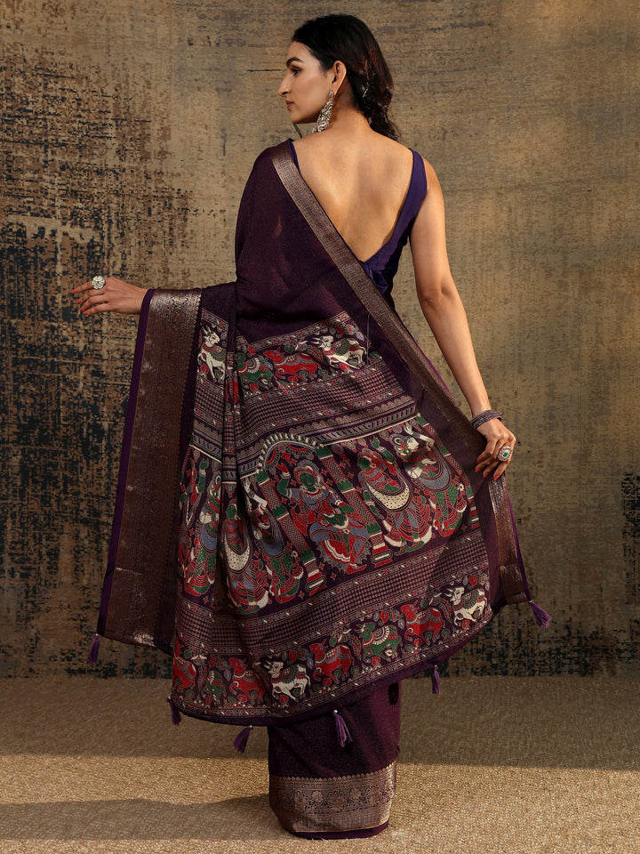 Purple Solid Silk Blend Saree With Unstitched Blouse Piece