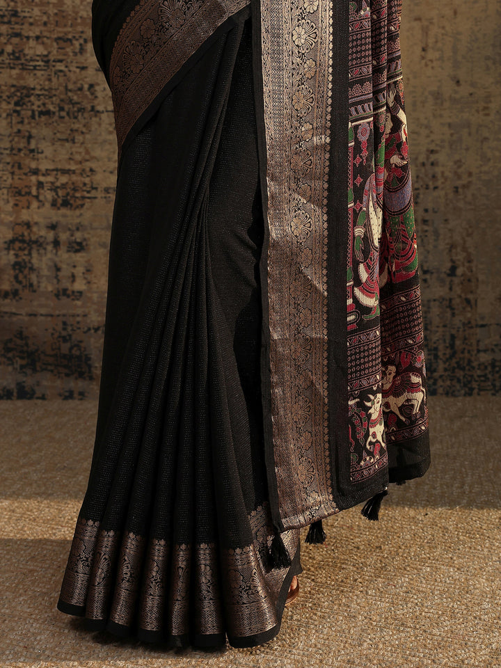 Black Solid Silk Blend Saree With Unstitched Blouse Piece