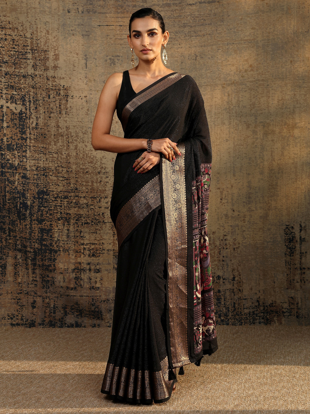Black Solid Silk Blend Saree With Unstitched Blouse Piece