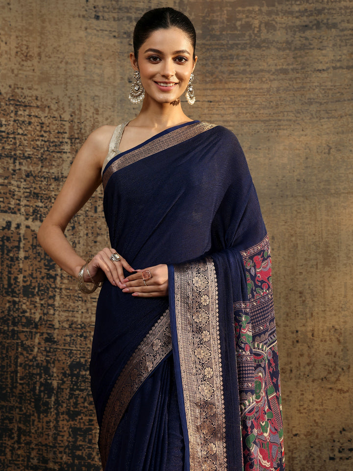 Navy Blue Solid Silk Blend Saree With Unstitched Blouse Piece