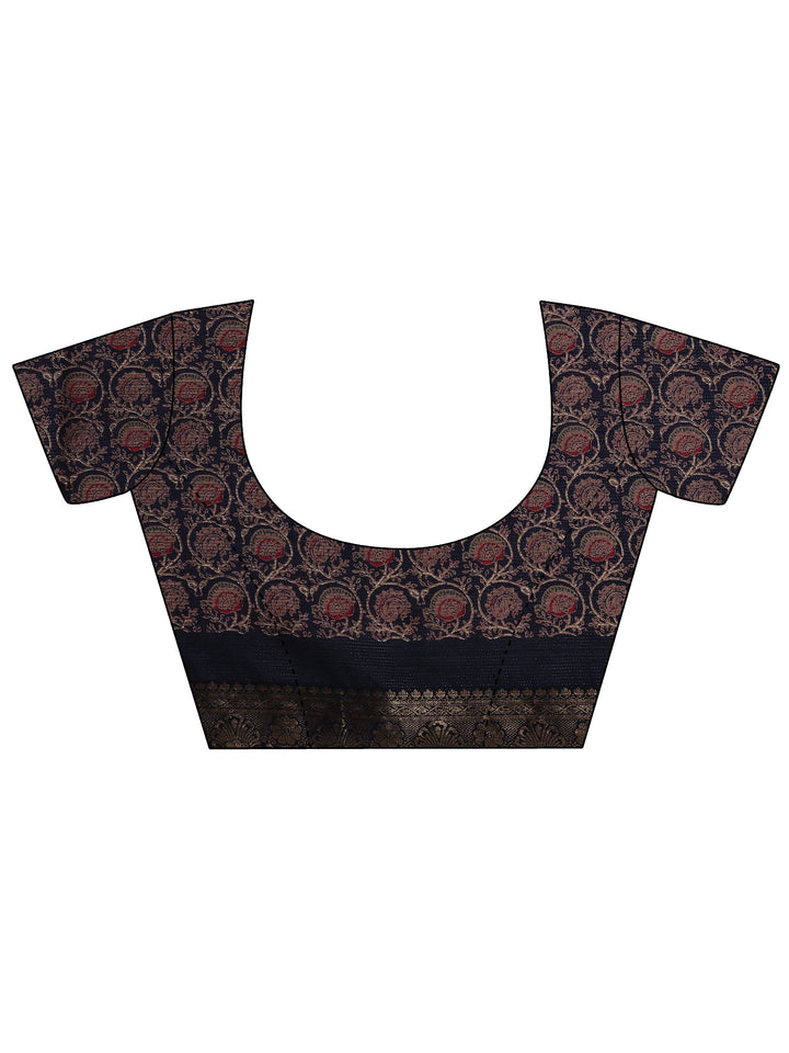 Navy Blue Solid Silk Blend Saree With Unstitched Blouse Piece