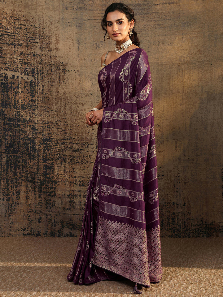 Purple Woven Design Silk Blend Banarasi Saree With Unstitched Blouse Piece