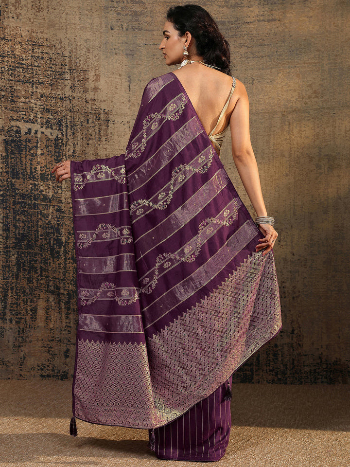 Purple Woven Design Silk Blend Banarasi Saree With Unstitched Blouse Piece