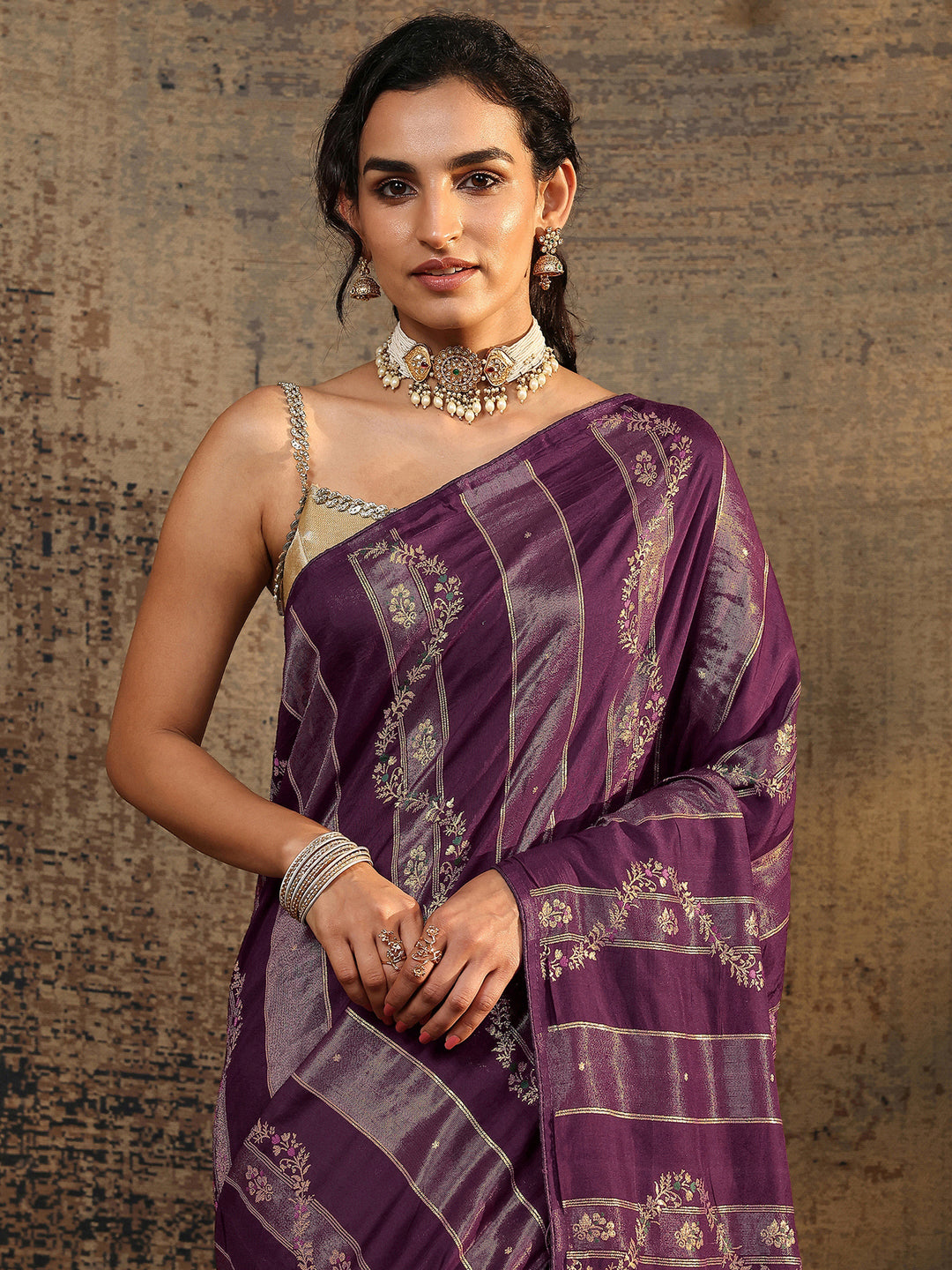 Purple Woven Design Silk Blend Banarasi Saree With Unstitched Blouse Piece