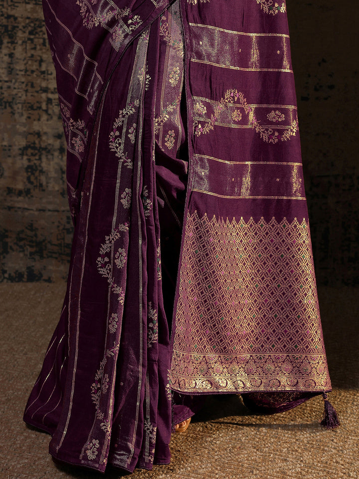 Purple Woven Design Silk Blend Banarasi Saree With Unstitched Blouse Piece