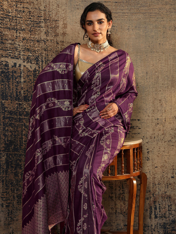 Purple Woven Design Silk Blend Banarasi Saree With Unstitched Blouse Piece