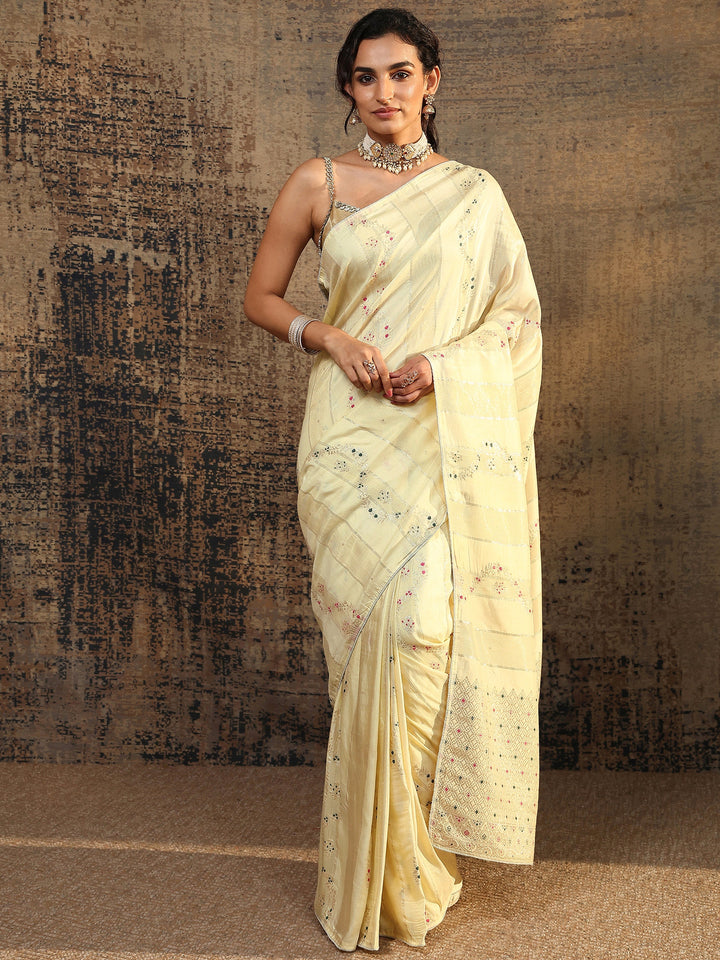 Beige Woven Design Silk Blend Saree With Unstitched Blouse Piece
