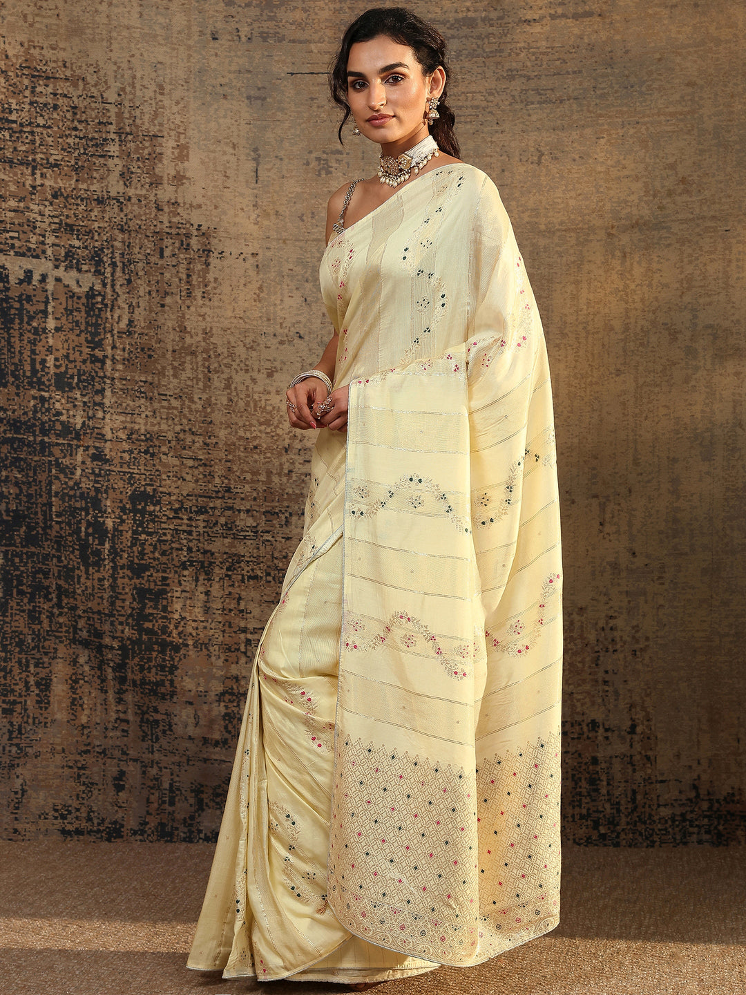 Beige Woven Design Silk Blend Saree With Unstitched Blouse Piece