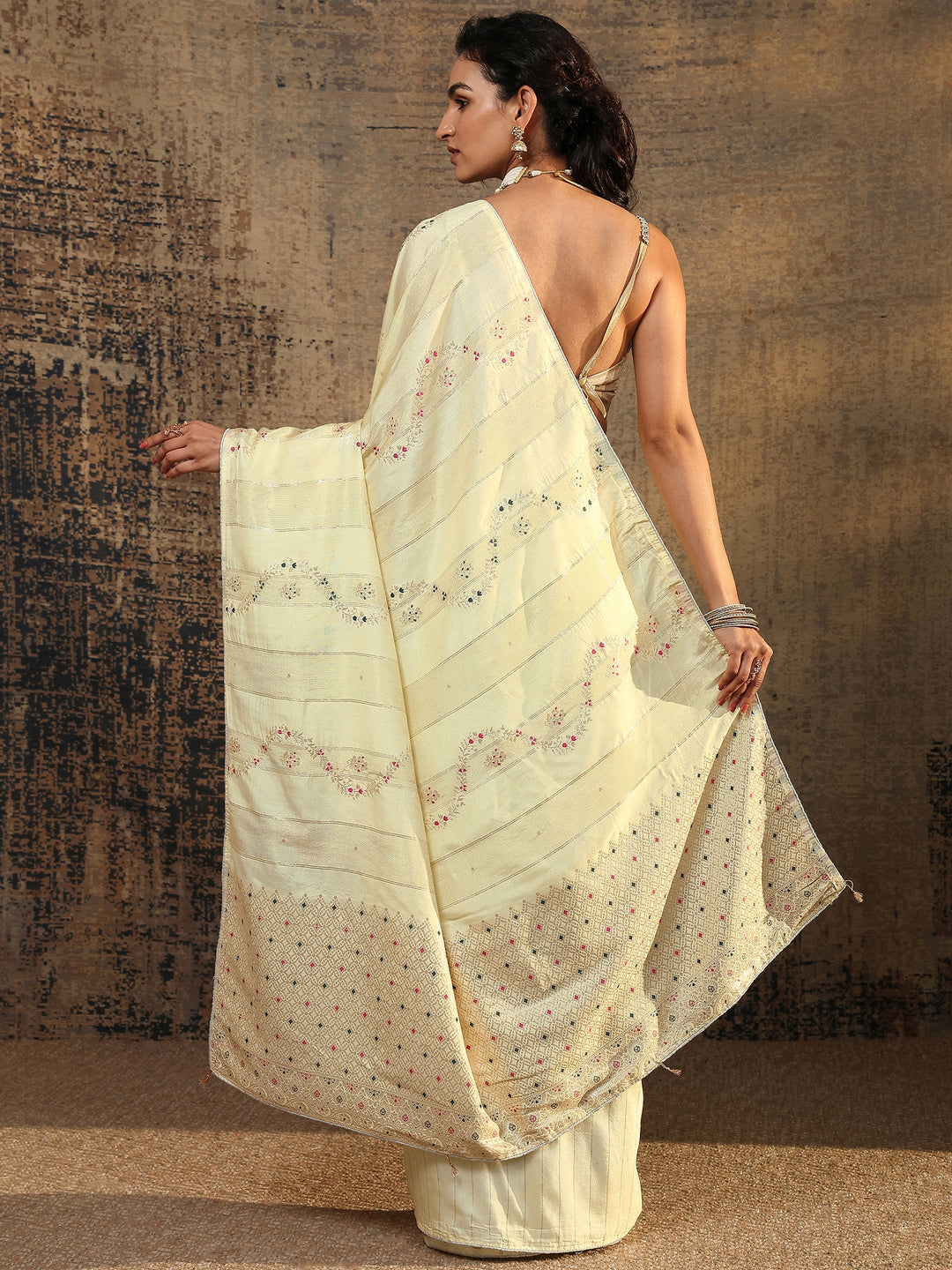Beige Woven Design Silk Blend Saree With Unstitched Blouse Piece