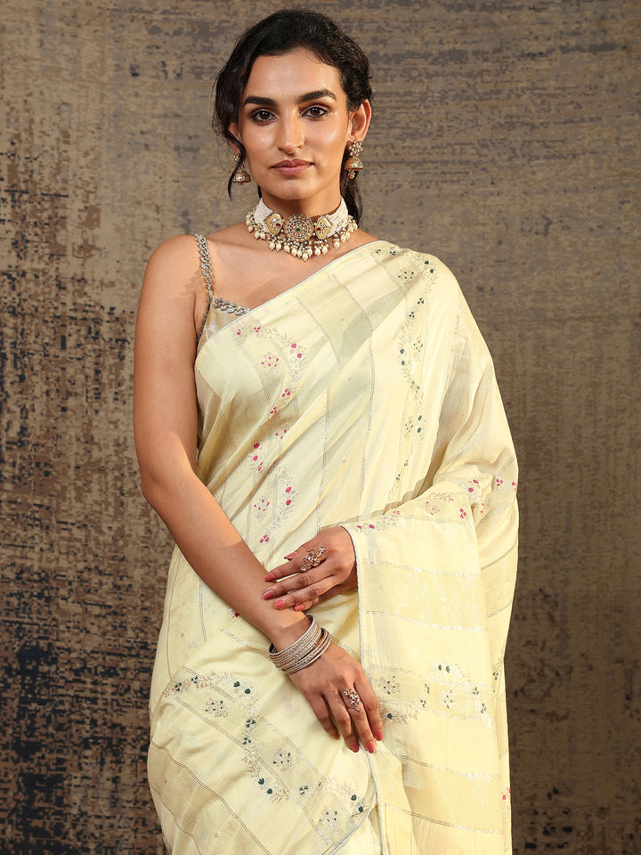 Beige Woven Design Silk Blend Saree With Unstitched Blouse Piece