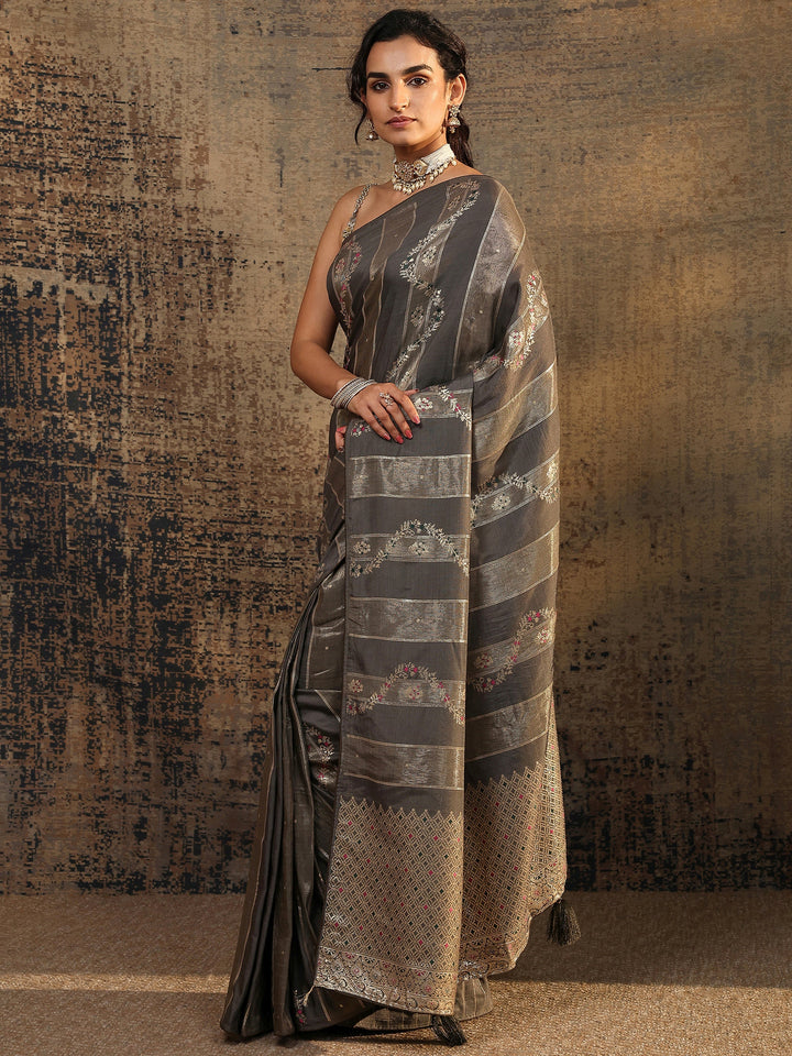 Grey Woven Design Silk Blend Saree With Unstitched Blouse Piece