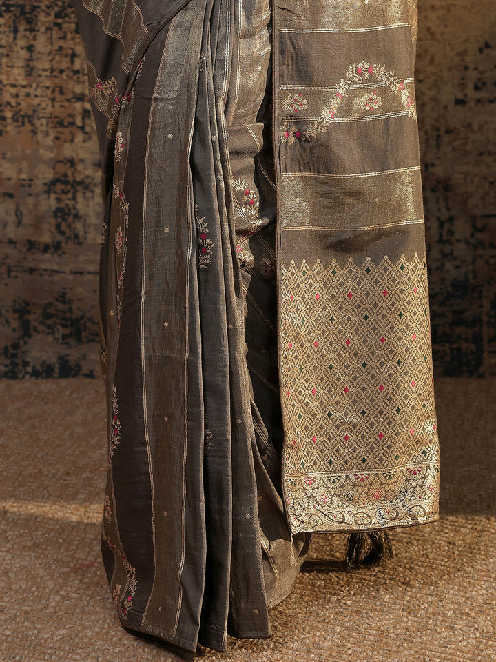 Grey Woven Design Silk Blend Saree With Unstitched Blouse Piece
