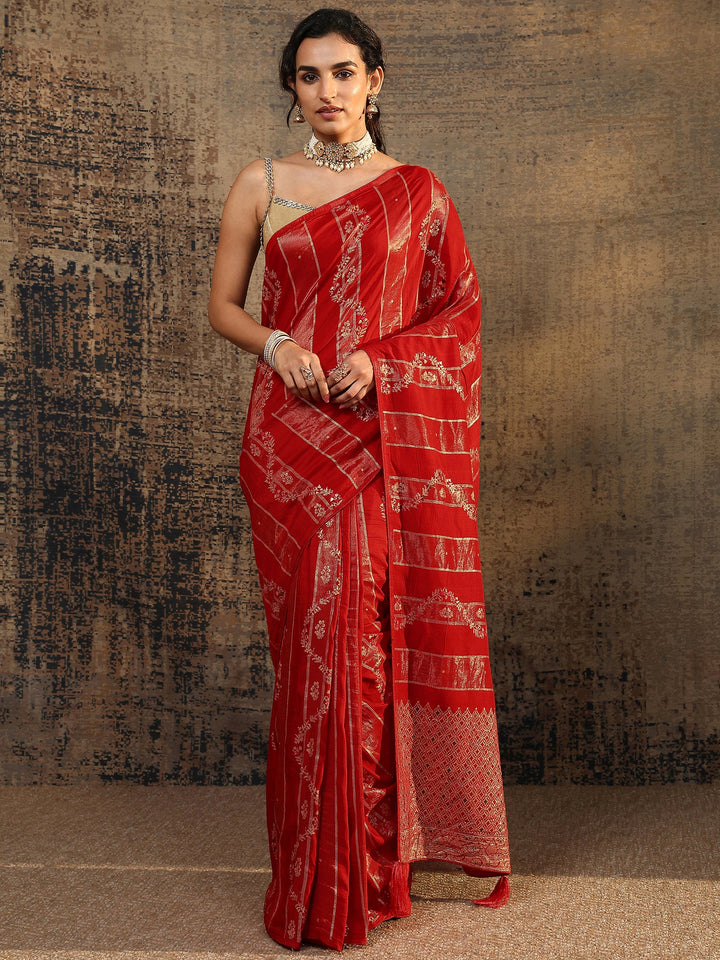Red Woven Design Silk Blend Banarasi Saree With Unstitched Blouse Piece