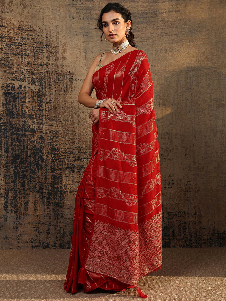 Red Woven Design Silk Blend Banarasi Saree With Unstitched Blouse Piece