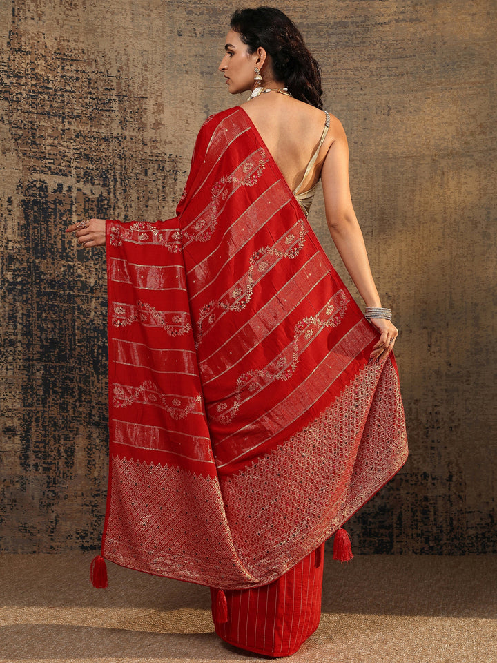 Red Woven Design Silk Blend Banarasi Saree With Unstitched Blouse Piece