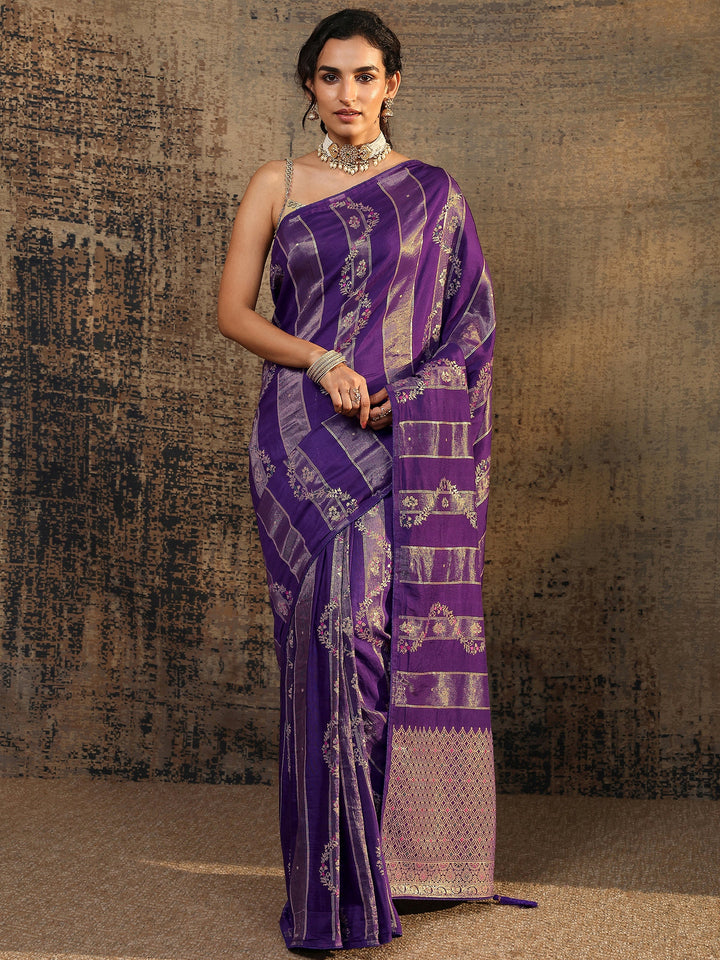 Purple Woven Design Silk Blend Banarasi Saree With Unstitched Blouse Piece