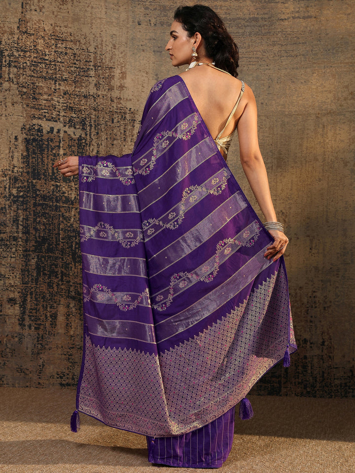Purple Woven Design Silk Blend Banarasi Saree With Unstitched Blouse Piece